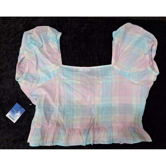 NWT Abound Pastel Plaid Tie Front Crop Top With Puff Sleeves Size L 100% Cotton - Picture 5 of 5